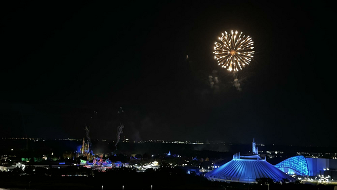 fireworks in upper right corner, illuminated space mountain in the lower right and cinderella castle in the back left.