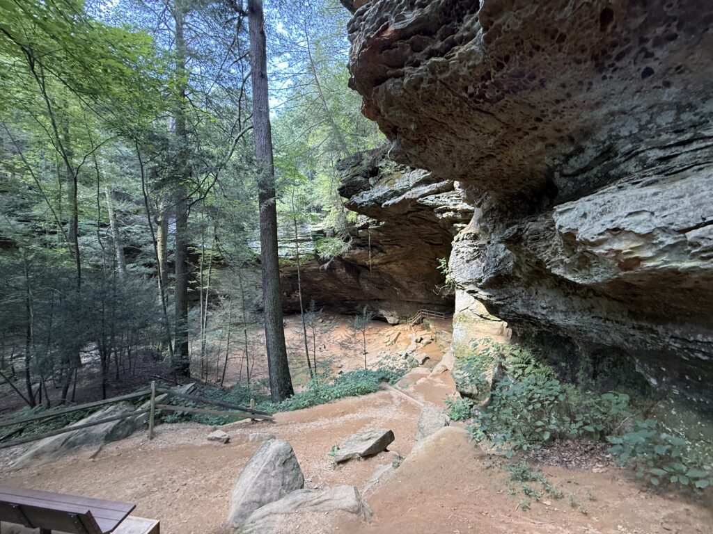 View of overhang cave and trees from upper rim of Ash Cave.