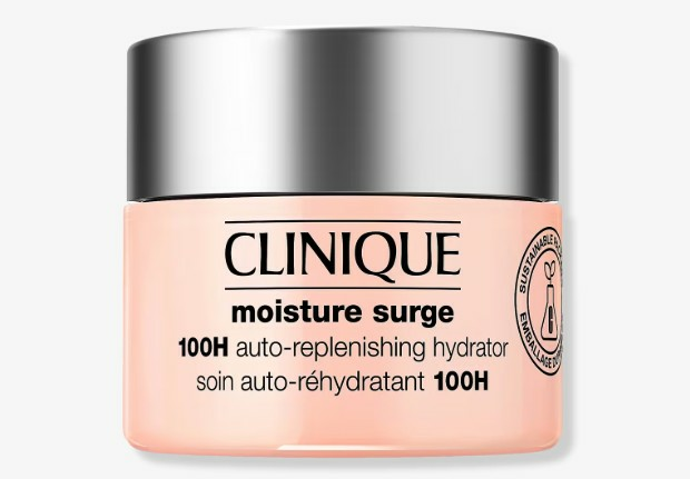 Image of jar of Clinique moisture surge 100H auto-replenishing hydrator in a pale pink bottle with silver lid.