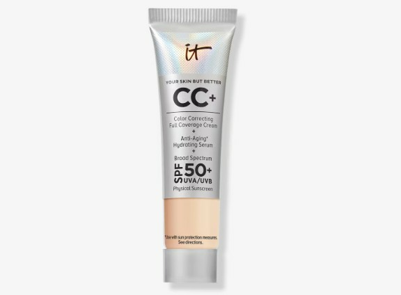 Image of CC+ Color Correcting Full-Coverage Cream + Anti-Aging Hydrating Serum + Broad Spectrum 50_ SPF physical sunscreen. The squeeze bottle is silver and cream.