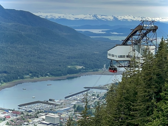 View of the Marine Doc Park and the Tramway Car ascending Mount Roberts