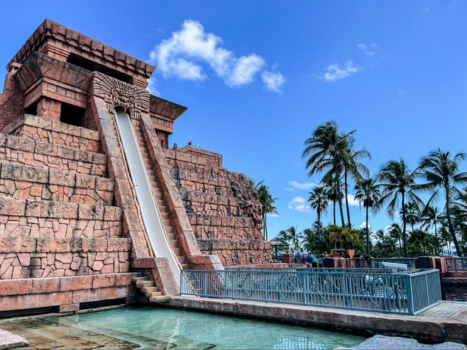 The iconic Mayan slide at Aquaventure at Atlantis Paradise island.