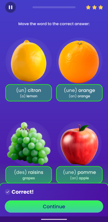 Screenshot of the Mondly language learning app lesson on the French names for lemons, apples, grapes and oranges.