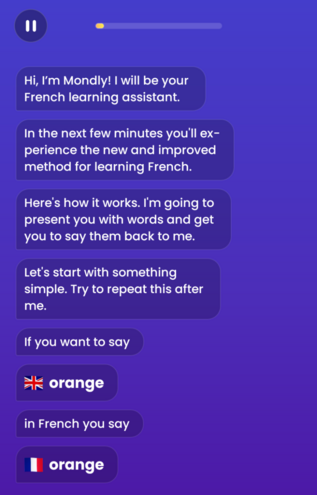 A transcript of the Mondly language learning app chatbot