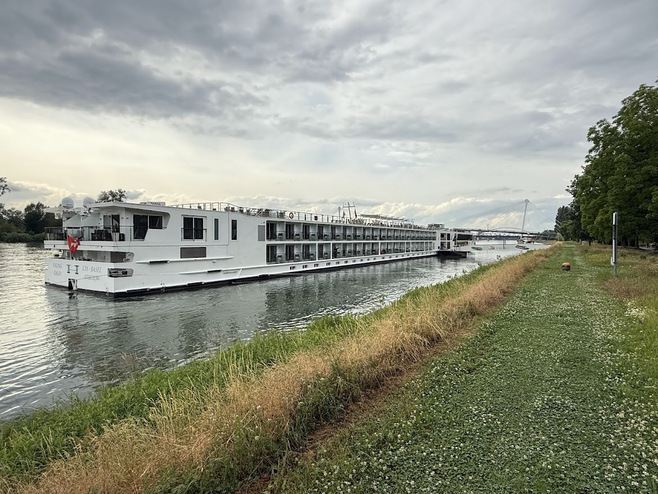 Long white passenger ship docked next to shoreline on body of water