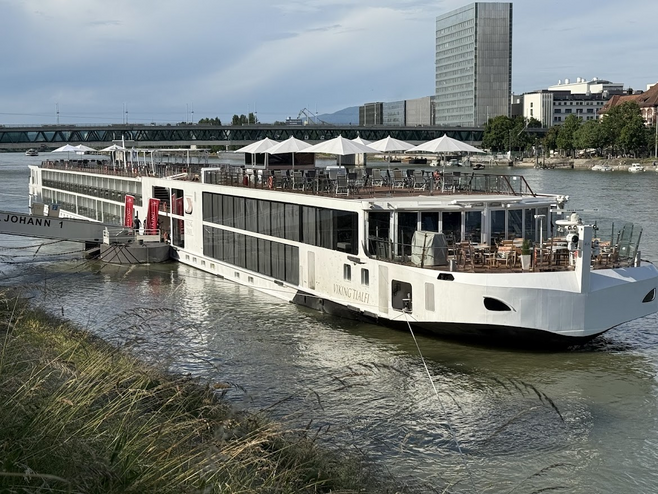 A Viking longship docked.