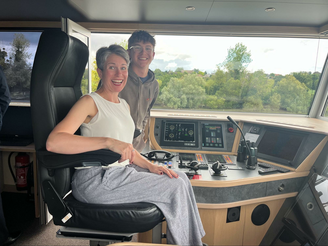 Woman and her son in the bridge of a Viking river cruise ship