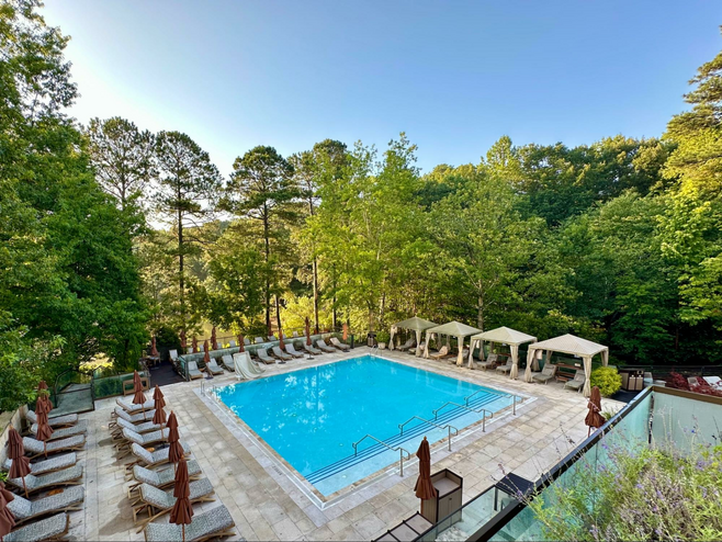 Early morning aerial view of the outdoor pool at The Umstead Hotel and Spa in Cary, NC.