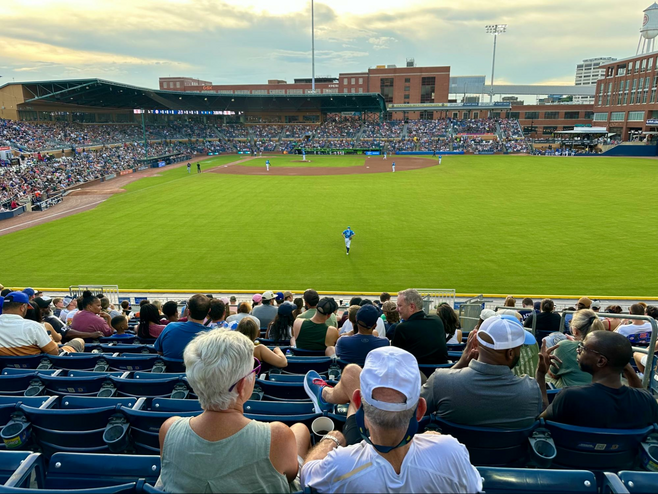Outfield view of the Durham Bulls minor league baseball stadium.