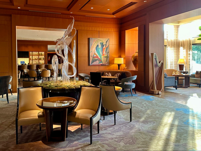 Sun dappled lounge at The Umstead Hotel and Spa, a luxury property in NC's Research Triangle.