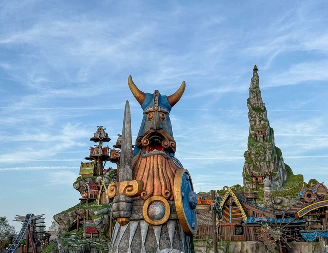 Viking statue at the entrance of Epic Universe's How To Train Your Dragon Land