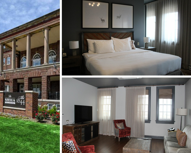 Exterior of a building with a sign that says "The Stella" with flowers surrounding it. A living room with two red chairs, three windows, a couch, and a tv.A white kind-sized bed with a dog pillow on the bed and with two deer photos overhead.