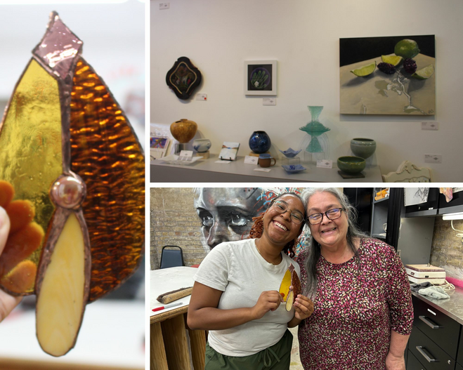 A hand holding a stained glass leaf with brown and earth tones in the glass.The author and instructor smiling with the completed stained glass.An art display of various pots, glassware, and paintings on the wall. 