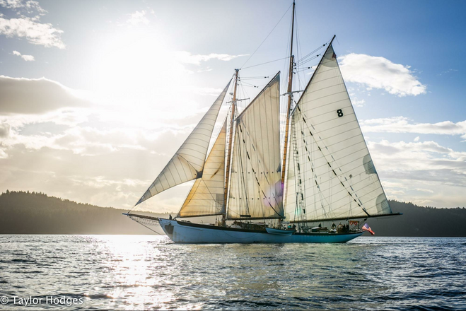 The schooner Zodiac with full sails. 