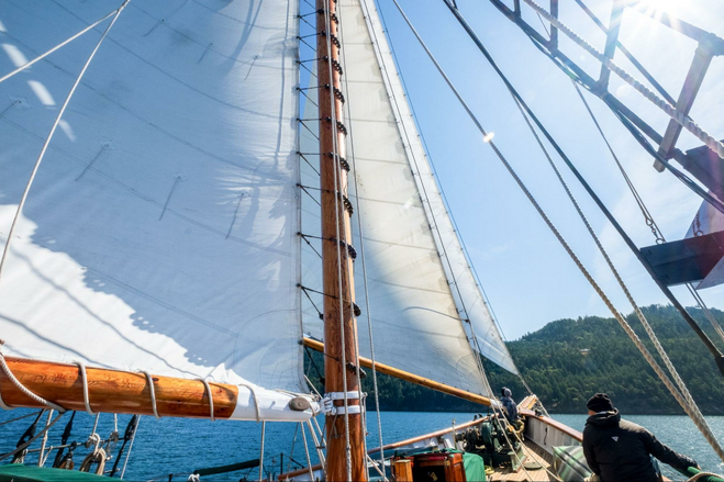 The deck and sails of the Zodiac tall ship