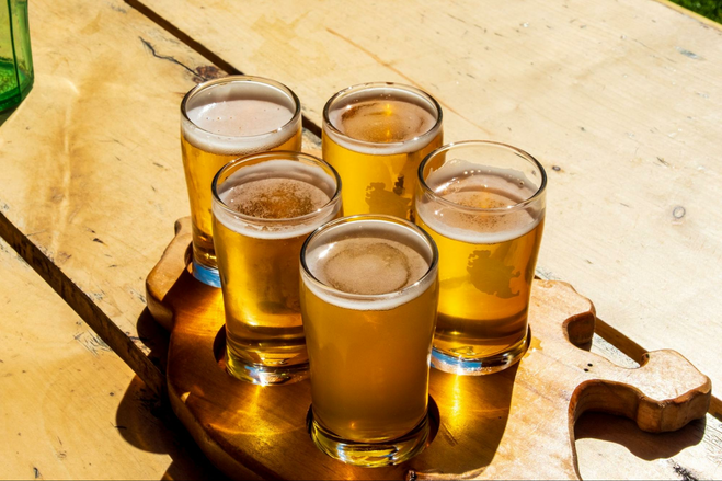 A flight of beers for tasting during a tall ship sailing.
