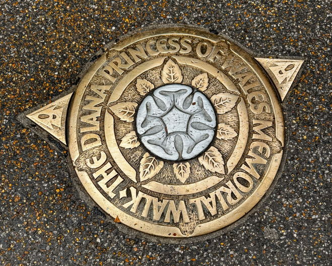 A quiet but remarking tribute to Princess Di is a series of markers such as this that take visitors through the city to site where Diana, Princess of Wales, often walked.