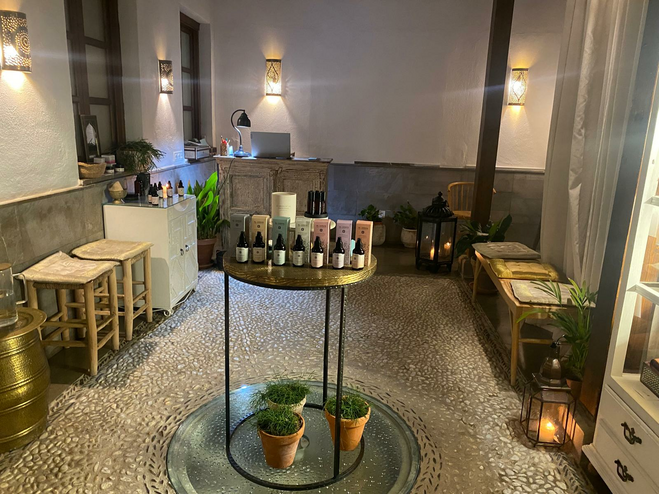 Room filled with stools and essential oils