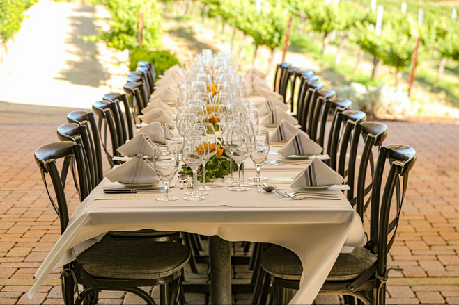 Elongated dining room table, dressed in white tablecloth and set with plates, utensils, wine glasses, and flowers. In the background are the Leoness vineyards