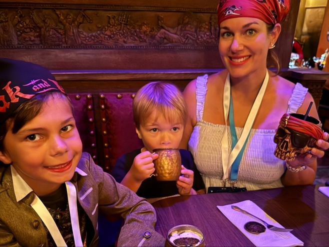 Kids join the pirate fun at The Beak and Barrel, with Mom.