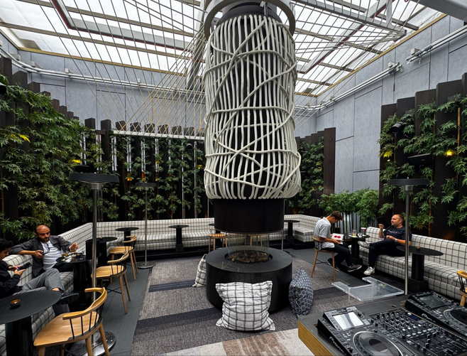 At the Londoner Hotel, the rooftop lounge and bar has a unique look with modern sculptures placed dramatically in the room. This London hotel on Leicester Square sets itself apart with hip, modern spaces.