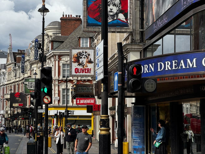 Shaftsbury Avenue in London's West End is lined with theaters showcasing smash hit musicals and plays such as Les Miz and Oliver.