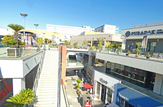 Looking down from third floor at The Source OC mall with stores showing on top flor and below.