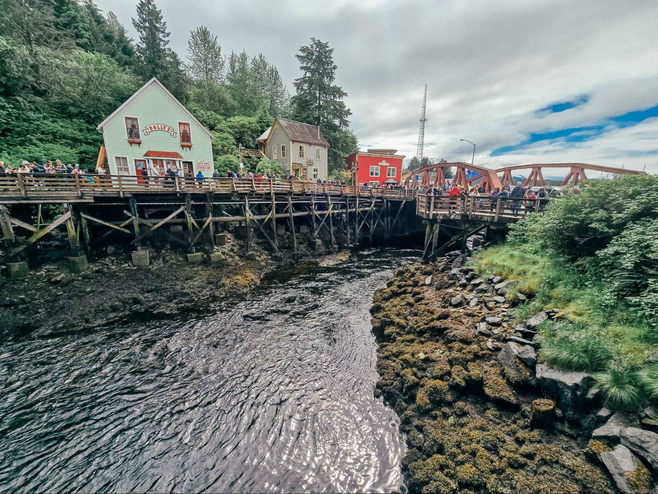 Colorful shops along the river in Ketchikan AK.