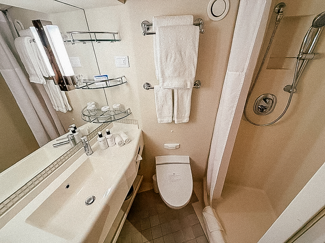 Shot of bathroom in B111 on Discovery Princess from the door