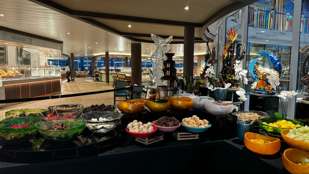 long table covered with bowls of donut holes, brownies, cakes, fruits and a large chocolate fountain in the middle