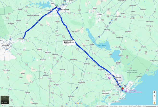 Google Maps showing the route from Aiken, Columbia, and Charleston, South Carolina.