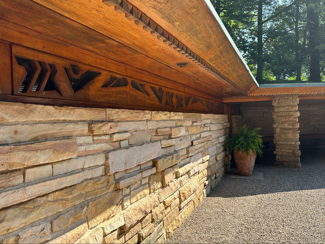 Stone and wood on the exterior of Kentuck Knob. 