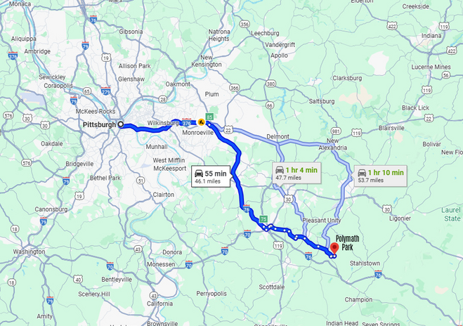 Map from Pittsburgh to Polymath Park.