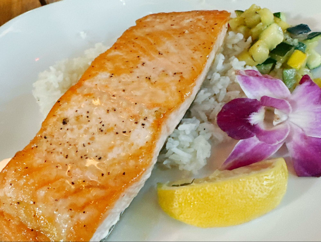 Glazed Salmon at the Tree Tops Restaurant in Polymath Park.