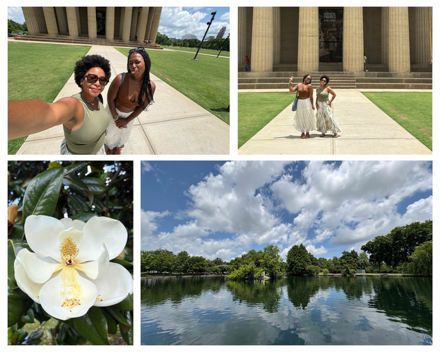 A collage of the author and friend taking selfies in front of the Parthenon at Centennial Park. A photo of a magnolia flower and wide shoot of the lake.