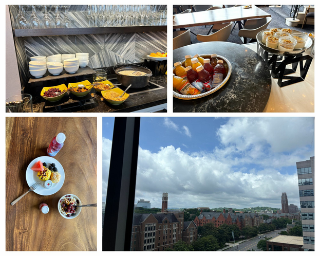 Collage of a breakfast bar with oatmeal, nuts, fruits, and juice. A plate full of food with eggs, pastry and watermelon. The skyline of Nashville.