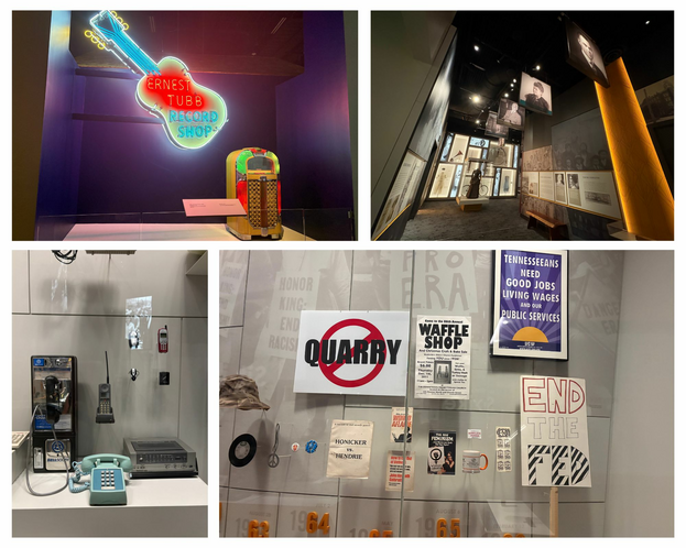 Collage of images at the Tennessee State Museum. Neon guitar with the words "Ernest Tubb Record Shop" and an old-school jukebox. A hall full of posters of historical African Americans. A case of old phones like payphone, dial-up, and phones from the 80s. Historical signs from the 60s about Civil Rights, living wage for Tennesseeans and the Waffle Shop.