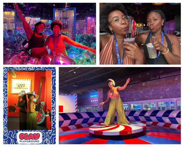 A collage of author and her friend drinking cocktails, doing a cowboy photo shoot, playing in balloons and playing in the arcade.