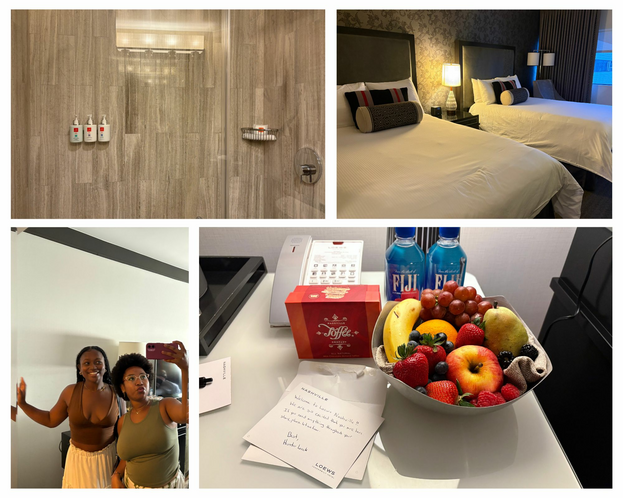 Collage of hotel bathroom, two beds, the author and her friend taking a selfie in the mirror, and a bowl of fruit, letter and box of chocolates on a desk.