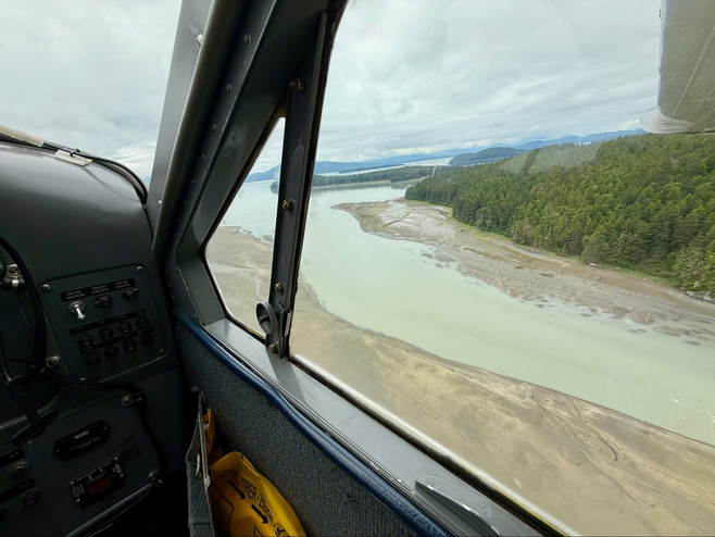 View of Alaskan landscapes from the seaplane flying out to Waterfall Creek.