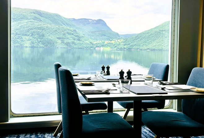 Picture windows in Havrand dining room insure good views with food.