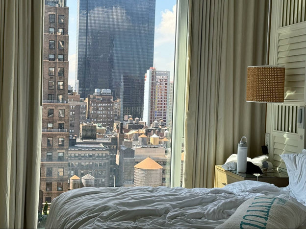 NYC skyline view from king bed at Margaritaville Resort, Times Square.