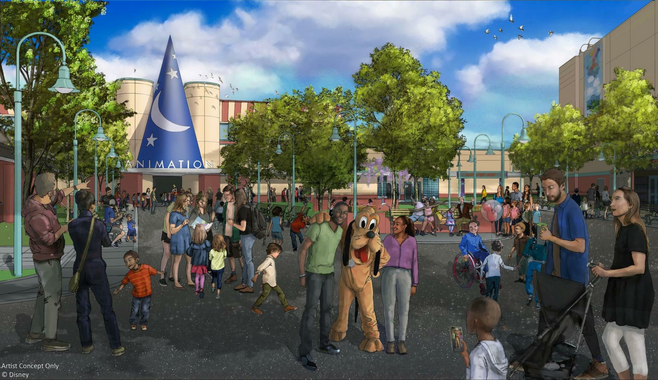 Concept art of Animation Courtyard at Disney's Hollywood Studios with Pluto meeting guests