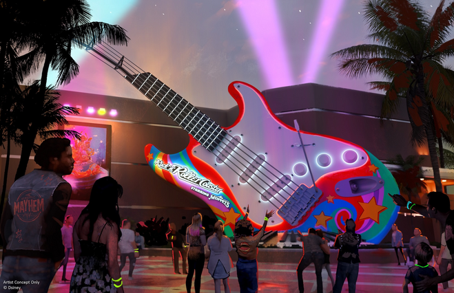 Giant guitar on the exterior of Rock 'n' Roller Coaster