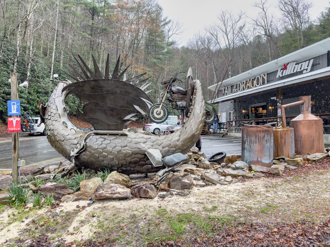Starting point of the Tail of the Dragon in Deals Gap, North Carolina, a famous 11-mile road with 318 curves.