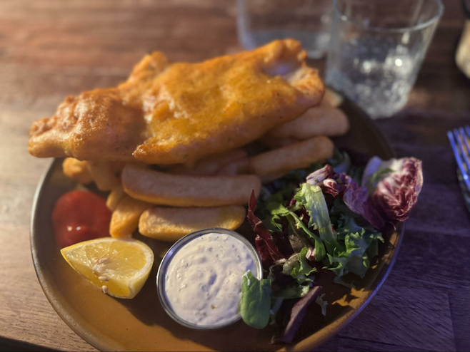 golden-brown haddock and chips (fries)