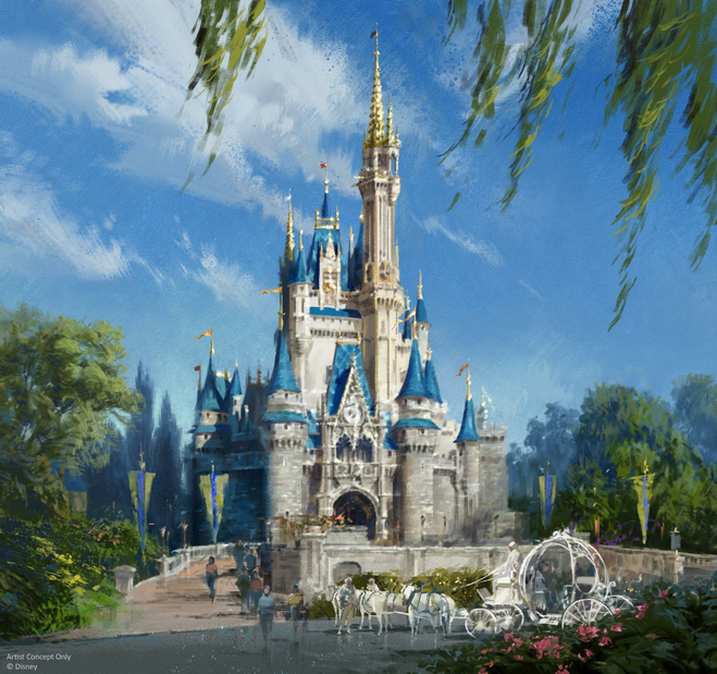 Art rendering of Cinderella's Castle paint colors in blue, gold and gray.