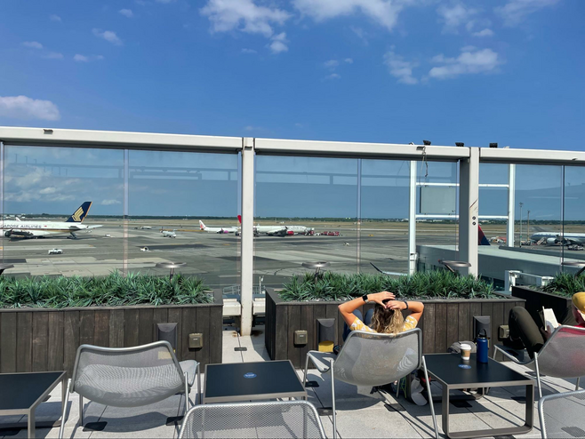 Enjoying outdoor space at the Delta lounge at JFK.