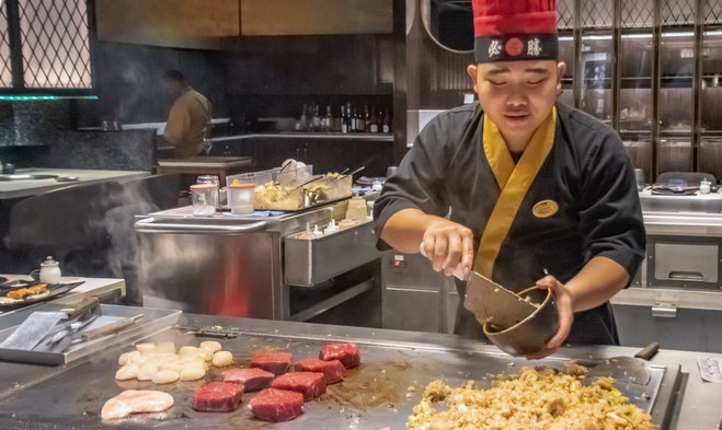 The chef prepares our food tableside at Umai Teppanyaki. Photo credit: Rose Palmer