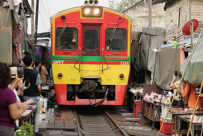 Bright red and yellow train engine